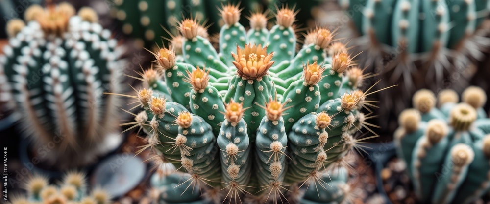 Poster vibrant close-up of cactus crown displaying unique structure and spines in a greenhouse environment