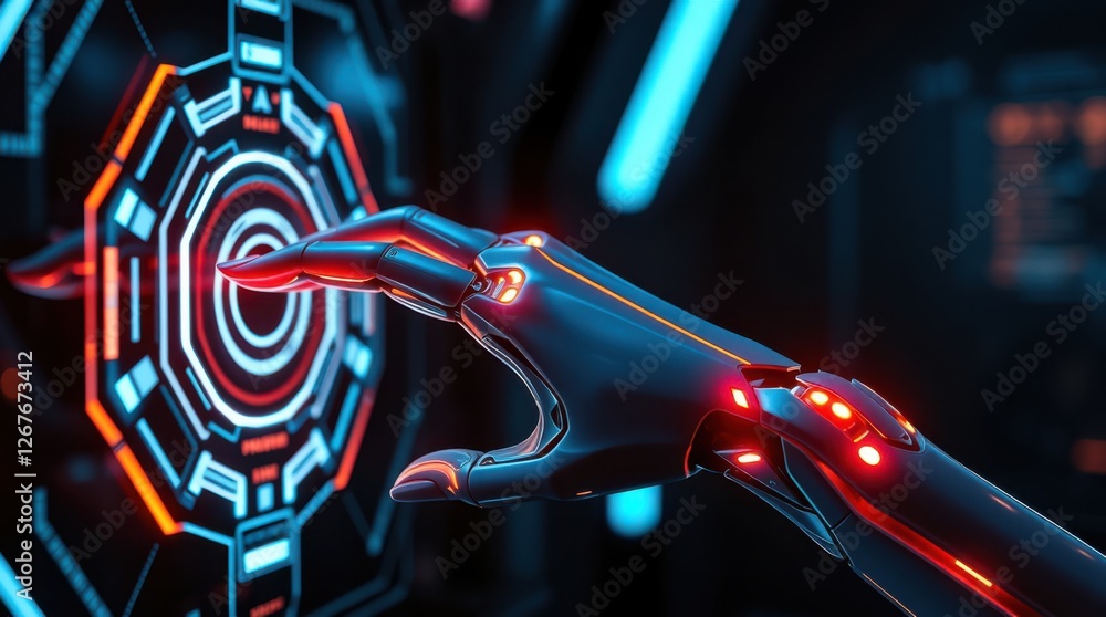 Aufkleber robotic arm interacting with a futuristic interface. cybernetic hand controls glowing control panel.