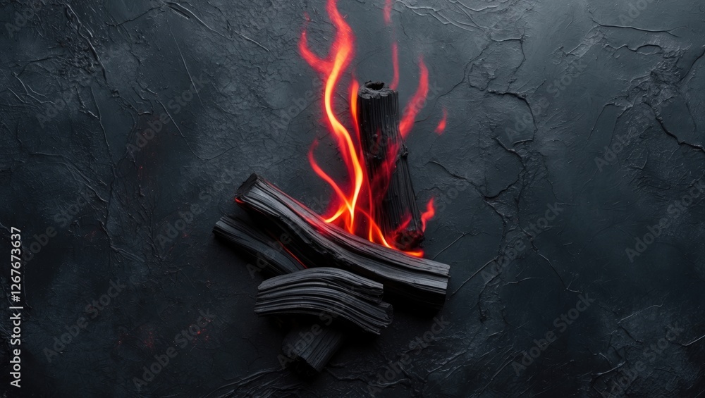 Poster charcoal with glowing red embers against textured dark surface creating warmth and contrast