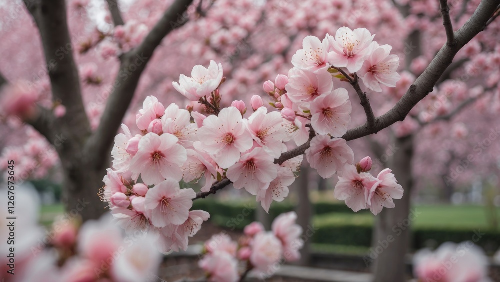 Poster blossoming cherry tree branches with pink white flowers in springtime macro view and soft focus back