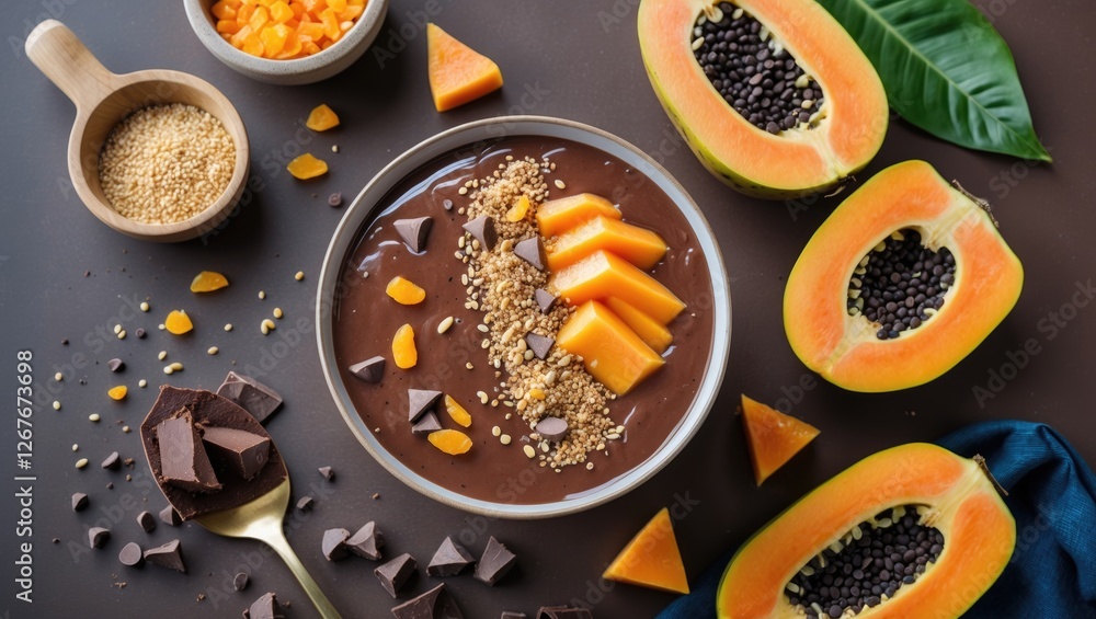 Poster chocolate smoothie bowl with papaya and granola toppings arranged on a wooden table with empty space
