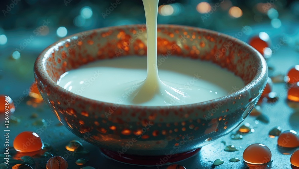 Poster fresh latex milk pouring into decorative bowl with colorful orbs and soft background for text placem