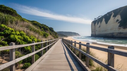 Obraz premium Scenic Coastal Boardwalk with Lush Vegetation and Dramatic Cliffs Overlooking a Serene Beach on a Sunny Day