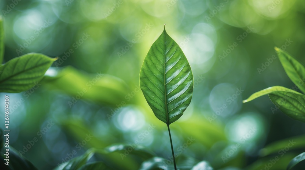 Poster lush green leaf texture with soft blurred background creating a serene and natural ambiance ideal fo