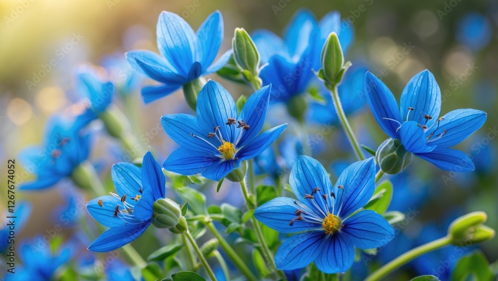 Poster vibrant blue wildflowers in full bloom during summer with soft background light and ample space for 