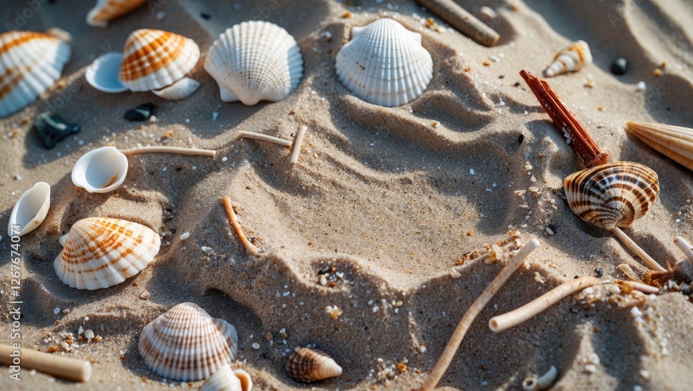 Poster close-up view of sandy beach with various shells and natural debris creating space for text or desig