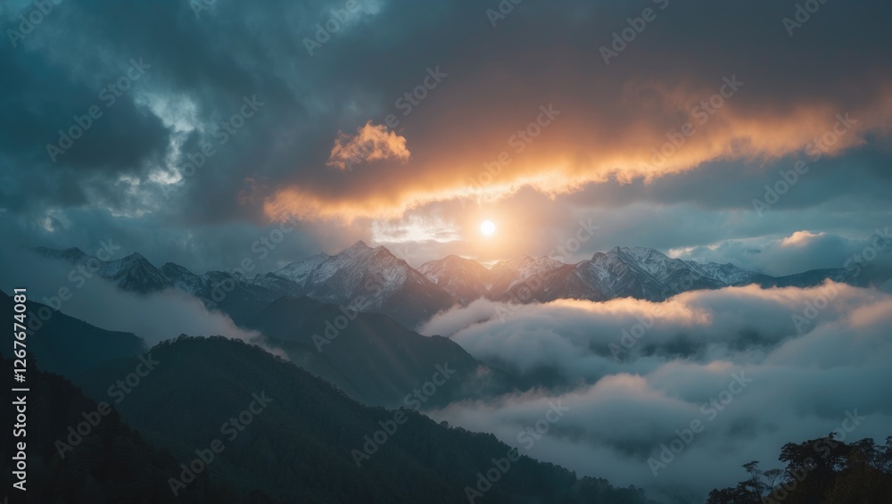 Poster majestic mountains under dramatic clouds with sunset illuminating peaks and empty space for text add