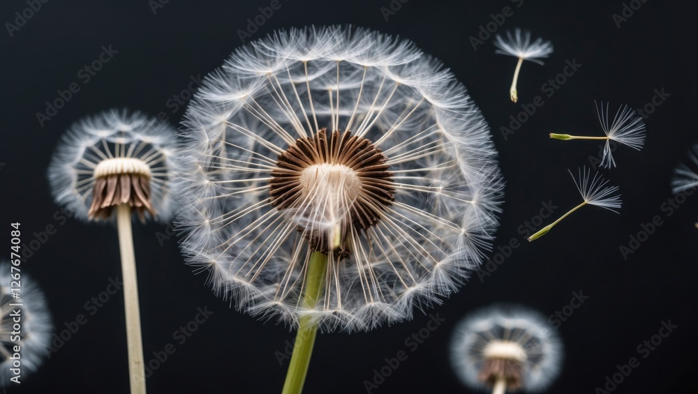 Poster closeup of delicate dandelions against a dark background with seeds dispersing offering space for te