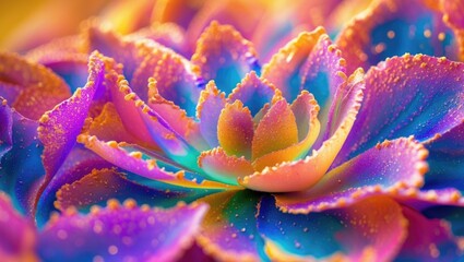 vibrant close-up of a colorful succulent with intricate petal details and dew drops against a soft blurred background