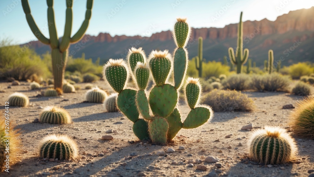 Poster desert landscape featuring various cacti under a sunny summer sky with clear copy space for text and