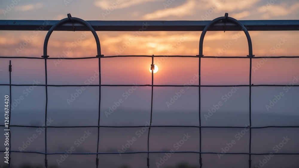 Poster close-up of a metal fence against vibrant sunset sky with empty copy space for text or design elemen