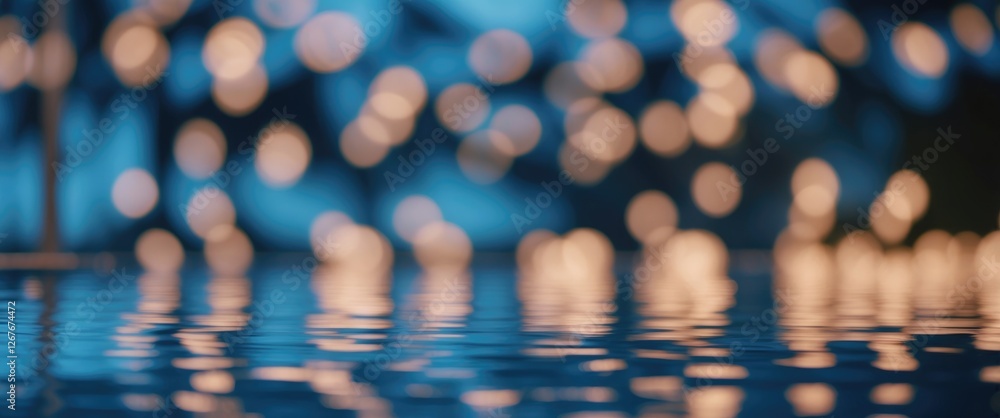 Poster bokeh lights reflected in swimming pool water at night with soft focus background and space for text