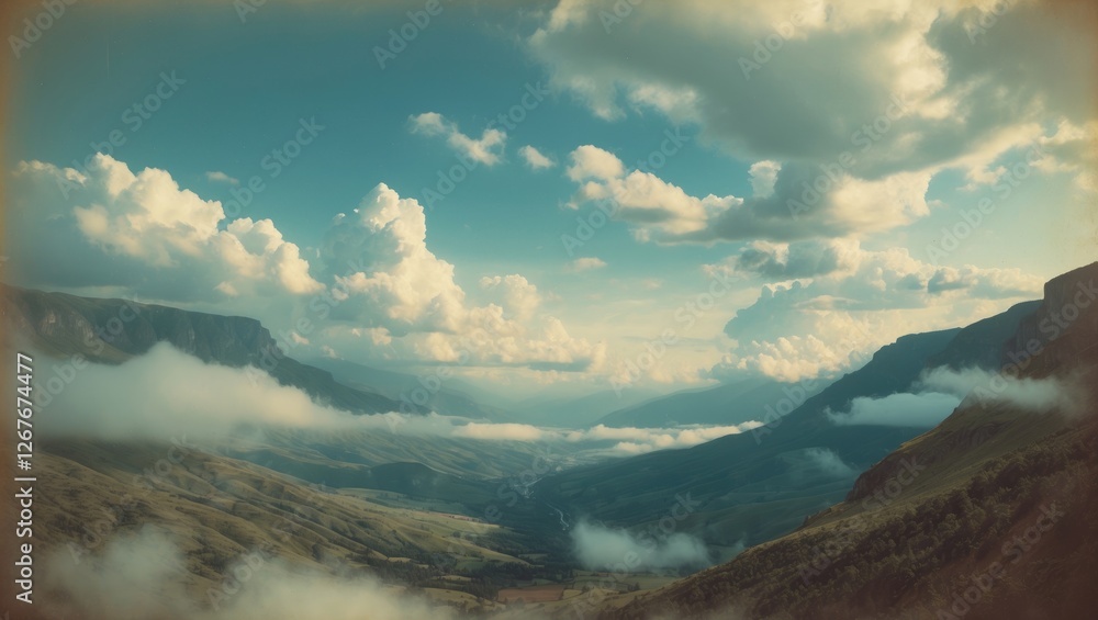 Poster majestic clouds over a serene valley with expansive copy space ideal for text integration