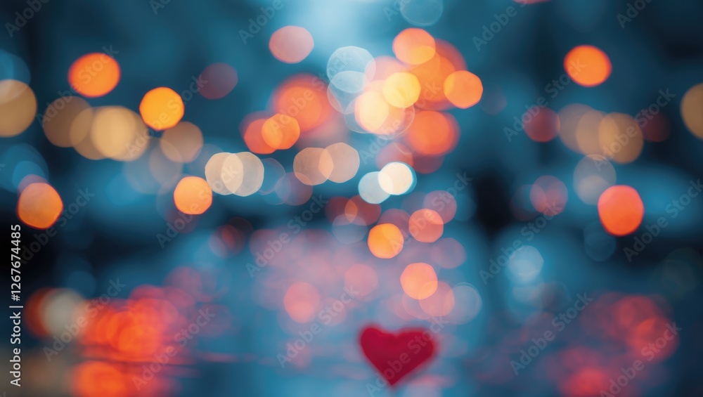 Poster colorful bokeh lights with heart shape in foreground creating a romantic atmosphere suitable for lov