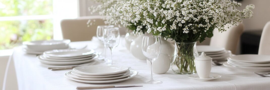A beautifully arranged vase filled with vibrant flowers is placed on a table set with elegant plates and glasses, creating a charming dining atmosphere. - Powered by Adobe