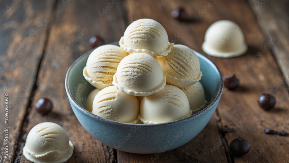 Poster delicious vanilla ice cream balls stacked in a blue bowl on rustic wooden table with empty space for