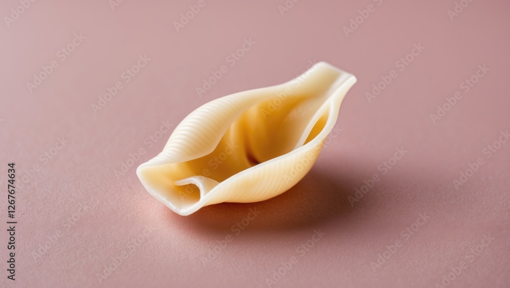 Poster detailed closeup of a single pasta shell on a soft pink background with ample copy space for culinar