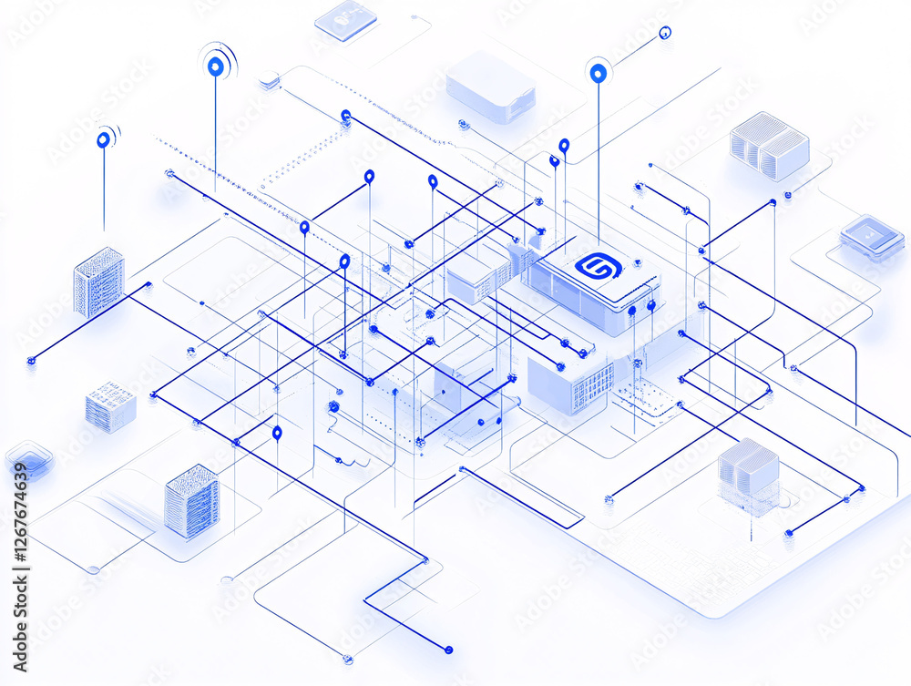 Poster a futuristic digital blueprint of a smart city with interconnected buildings data pathways and techn