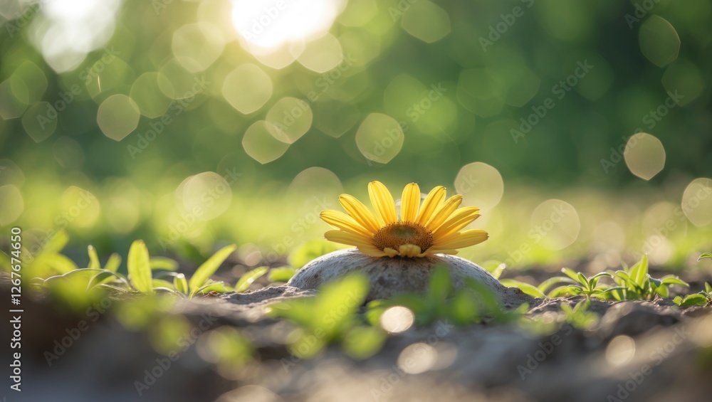 Aufkleber close-up of a yellow flower on a stone surrounded by green bokeh background with soft sunlight and a