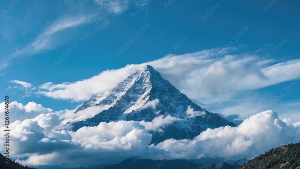 Poster majestic mountain peak under blue sky and clouds with empty space for text and copy