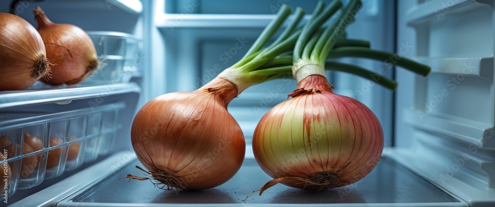 Poster fresh onions with green stems placed in refrigerator against empty space for text or labeling