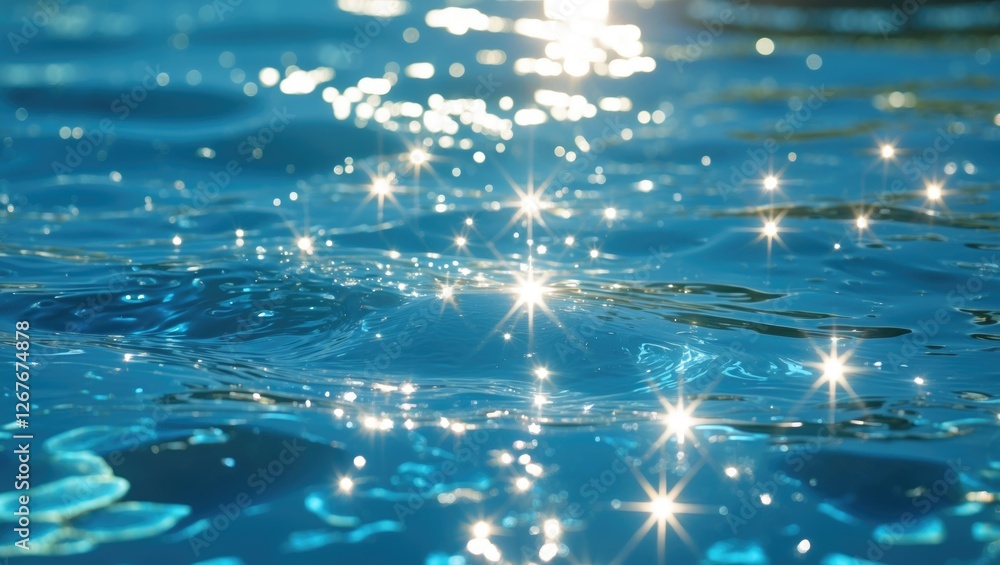 Aufkleber glittering blue water surface with sunlight reflections and bokeh effect suitable for background or 