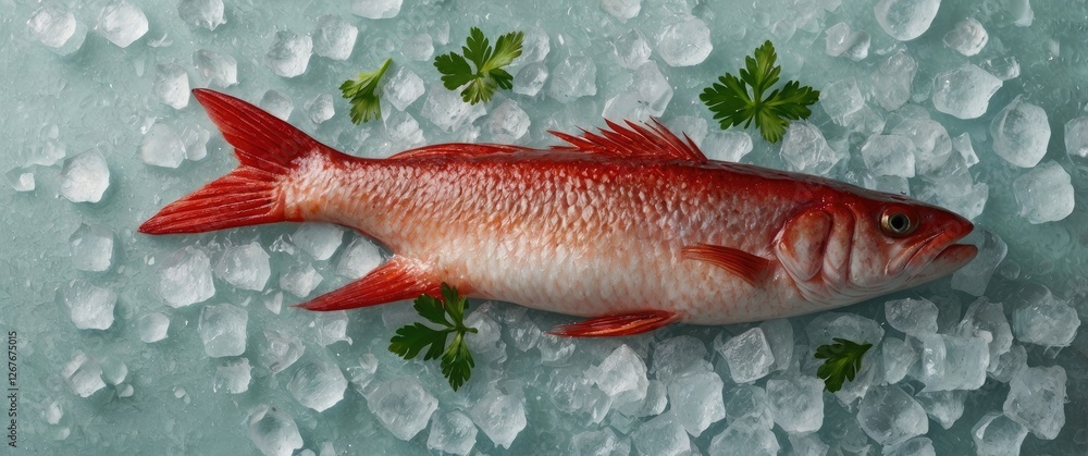 Poster fresh red mullets resting on crushed ice surrounded by green parsley leaves with space for text and 