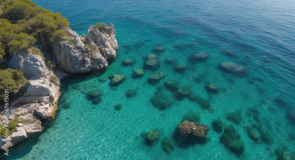 Poster drone view of crystal clear sea water over rocky bottom and lush greenery with empty space for text 