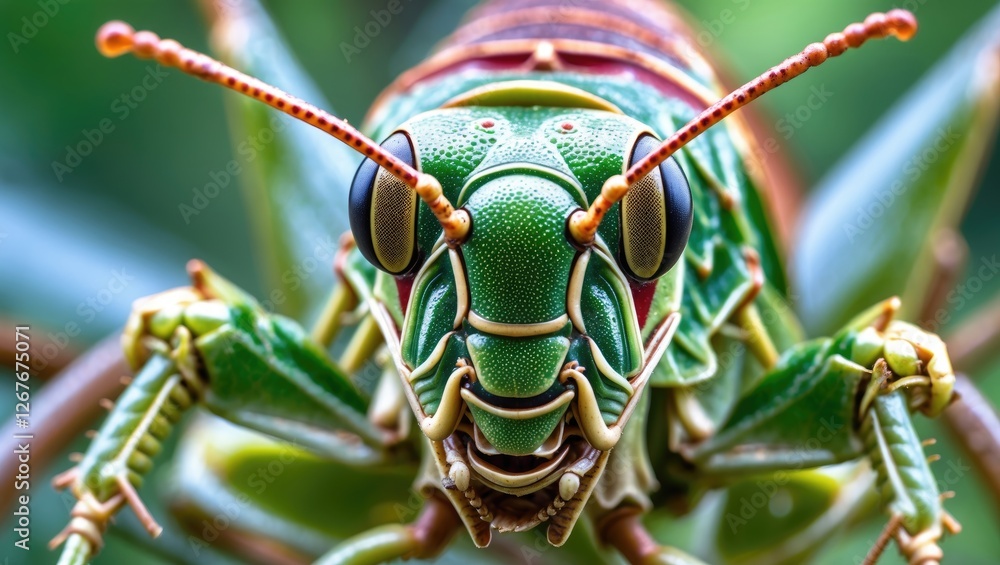 Poster detailed macro shot of a vibrant grasshopper showcasing intricate textures and colors of the caelife