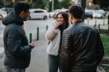 Three friends interact and share laughs while standing on a street near moving vehicles. © qunica.com