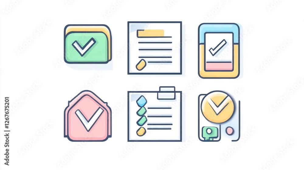 Aufkleber colorful checklist app icons; task management; white background; website design