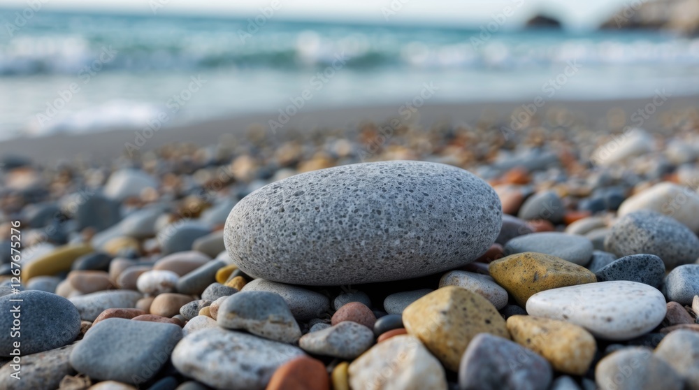 Poster gray stone on a beach surrounded by multicolored pebbles with the sea in the background creating a s
