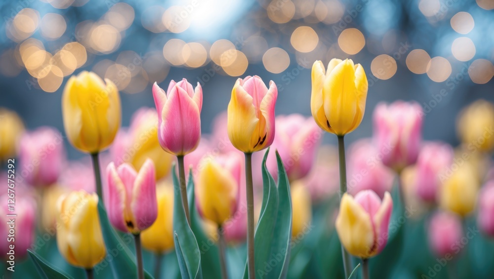 Aufkleber colorful tulips in soft focus with a bokeh background creating a serene and cheerful atmosphere on a