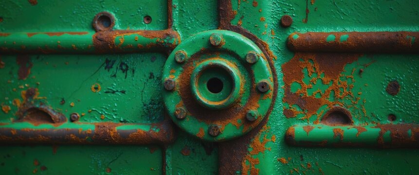 Rusty green metal texture with circular details showcasing weathering and decay ideal for industrial or vintage design concepts.