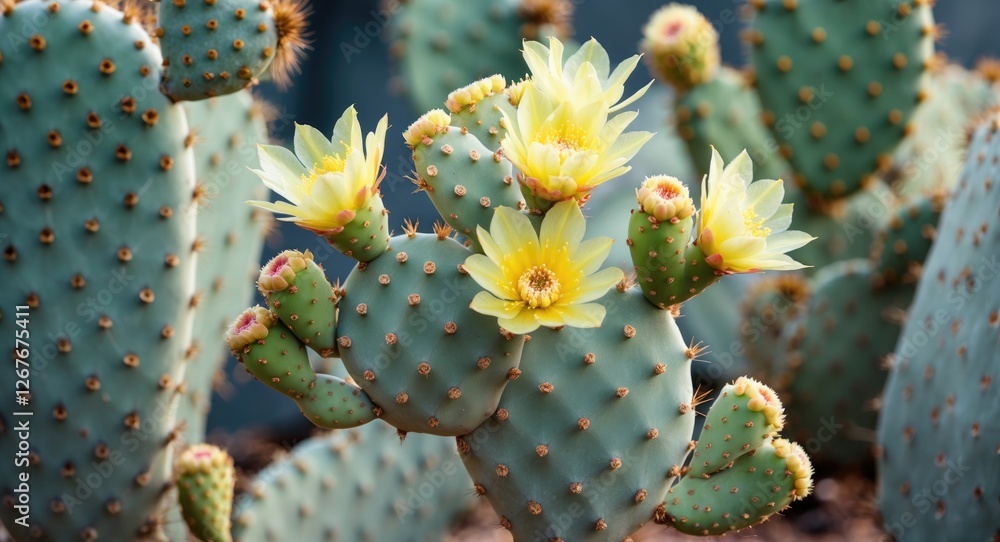 Poster close-up of vibrant prickly pear cactus adorned with yellow blossoms against a blurred background cr