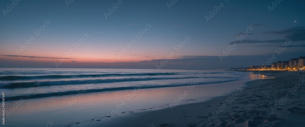 Poster tranquil beach at dusk with smooth waves and colorful sky ideal for text overlay and relaxation them