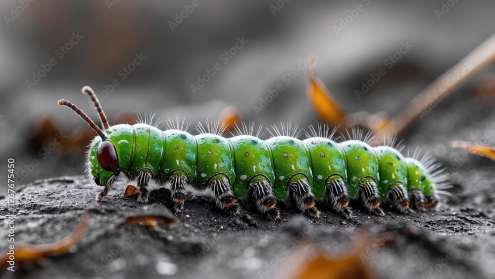 Poster vibrant green caterpillar on a dark surface with empty copy space for text and design elements