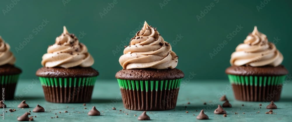 Poster chocolate cupcakes with creamy frosting arranged on a green background featuring ample space for tex