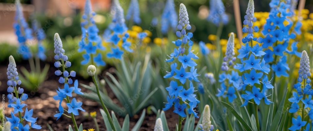 Poster close-up view of vibrant blue flax flowers in bloom surrounding green foliage with soft background s
