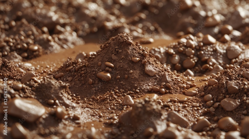 Poster brown mud and sand texture with varying elevations and pebbles for 3d model design backdrop or natur