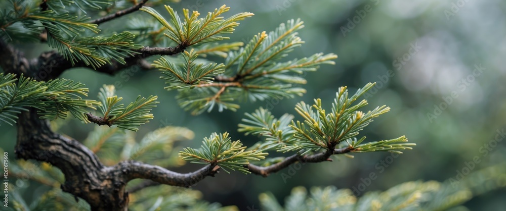Poster close-up view of pine bonsai branches and leaves with soft focus background for text overlay and nat
