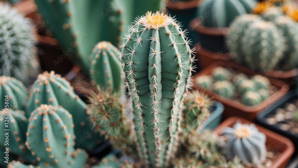 Aufkleber closeup of vibrant cacti in pots showcasing unique textures and forms with ample space for adding te