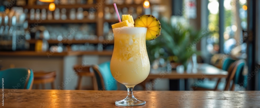 Poster refreshing pina colada cocktail on table in cozy cafe setting with space for text or branding
