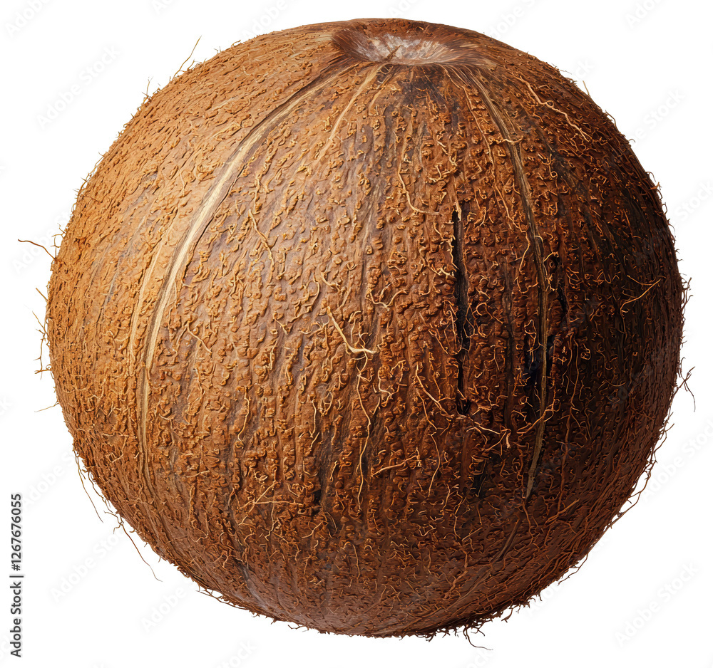 Poster close up of brown coconut with rough texture shell on transparent background studio shot