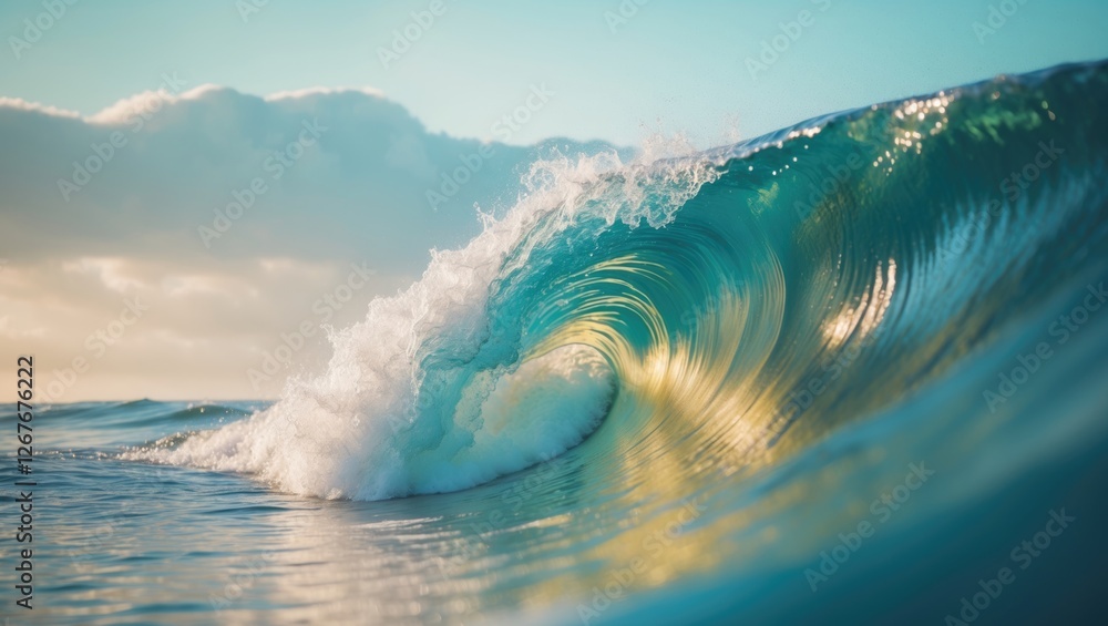Aufkleber close up of a tranquil ocean wave illuminated by soft backlighting creating a serene and peaceful na