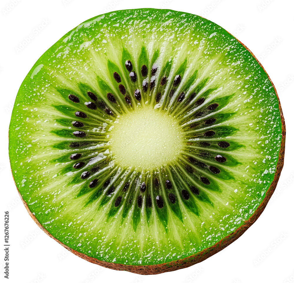 Poster close up of cross sectioned kiwi fruit with visible seeds on transparent background