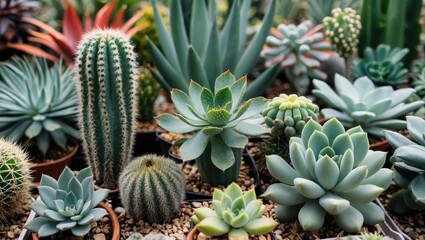 Fototapeta premium Diverse Collection of Tropical Succulent Plants and Cactuses in a Botanical Garden Close-Up Displaying Rich Greenery and Textures