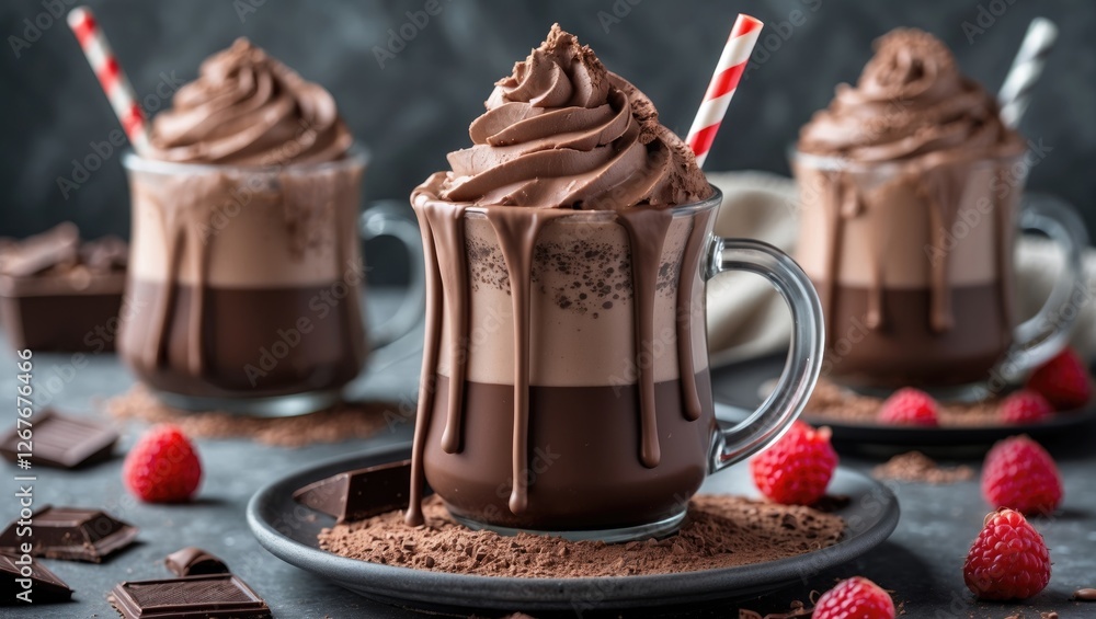 Poster indulgent triple layer chocolate drinks with whipped topping and straw on dark background with space