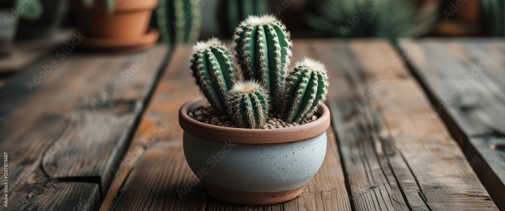 Poster cactus arrangement in a decorative pot on wooden table with natural background and empty space for c