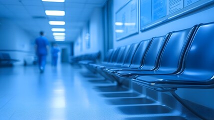 Obraz premium Empty Modern Hospital Waiting Area With Informative Posters And Blurred Background